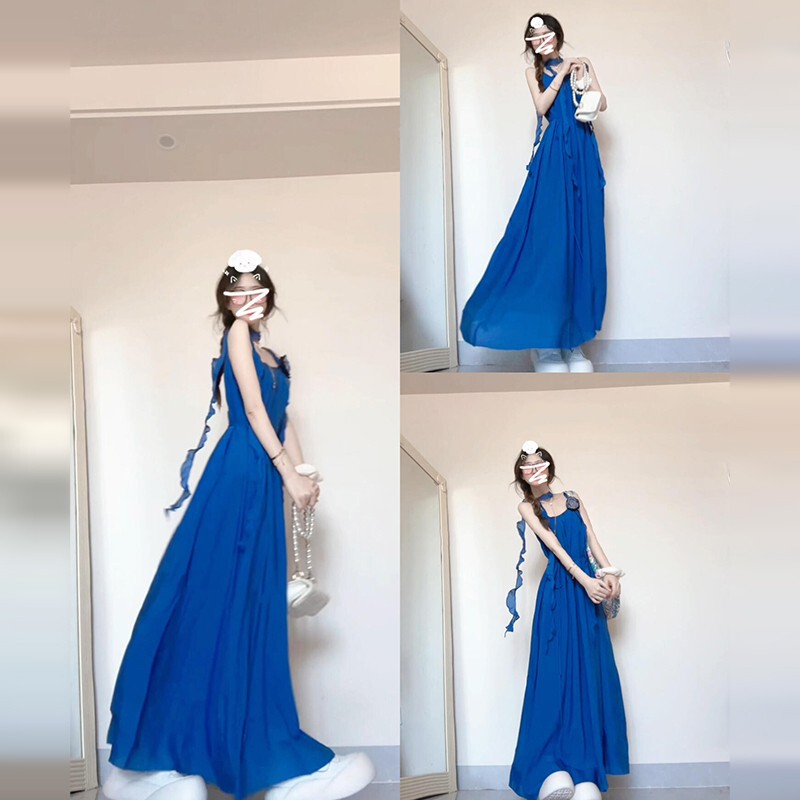 2025 New Seaside Vacation Wear Klein Blue Suspender Dress Women's Summer French Waist Long Skirt