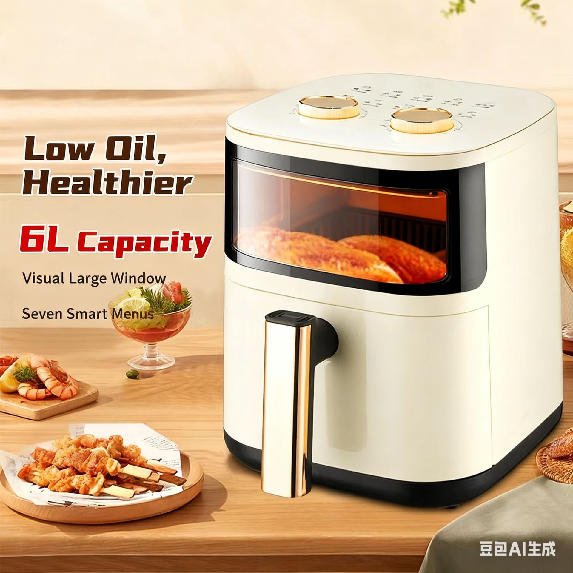 German Electric Oven 6L Large Capacity Intelligent Multi-Function Fully Automatic Flip-Free Visual Knob Household Air Fryer