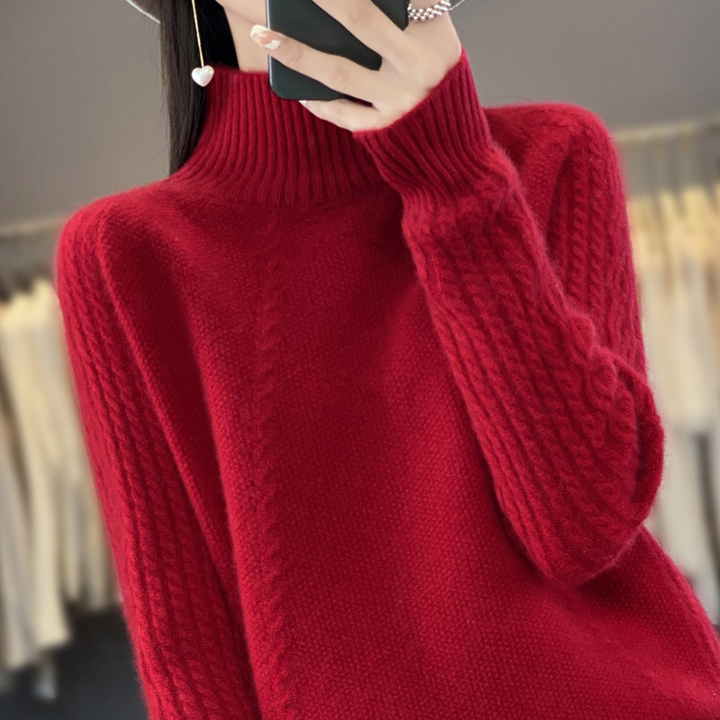 100% pure woolen sweater, half high neck, red sweater, autumn and winter, thickened and loose, lazy style pullover, bottom knit sweater for women