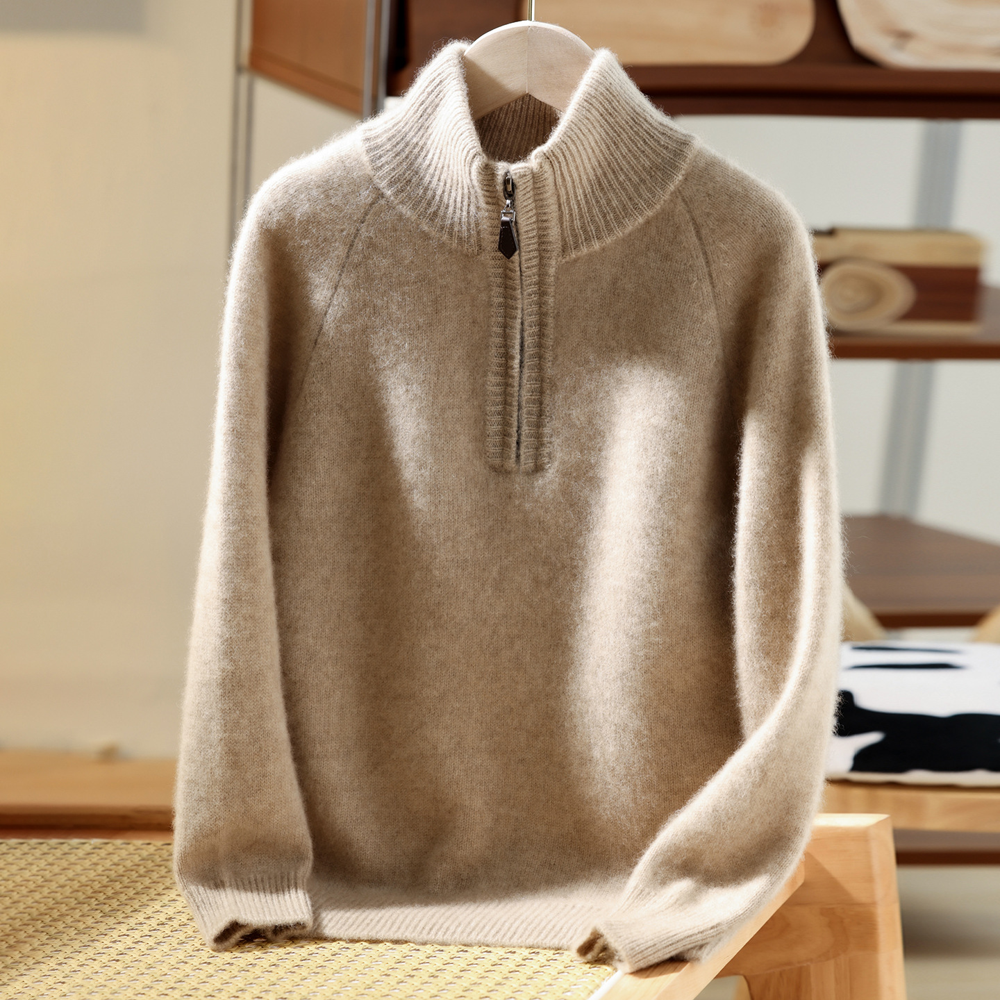 100% Wool Sweater for Boys, Half-High Neck, Half-Zip Thickened Base Layer Sweater, Autumn and Winter Fleece Knit Top