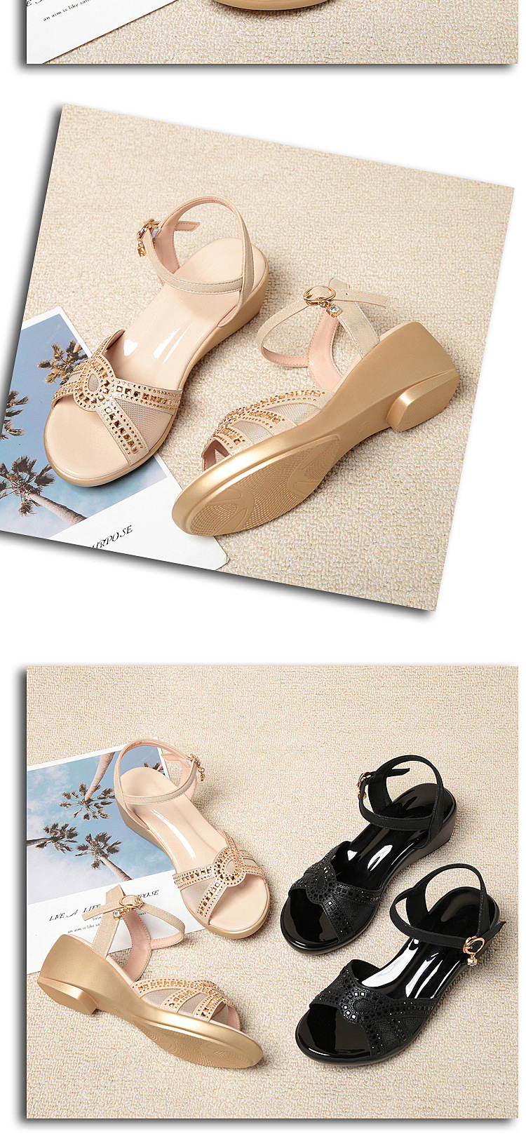 Sandal nữ đế xuồng da thật gót vừa thoải mái — Màu đen chi tiết 17