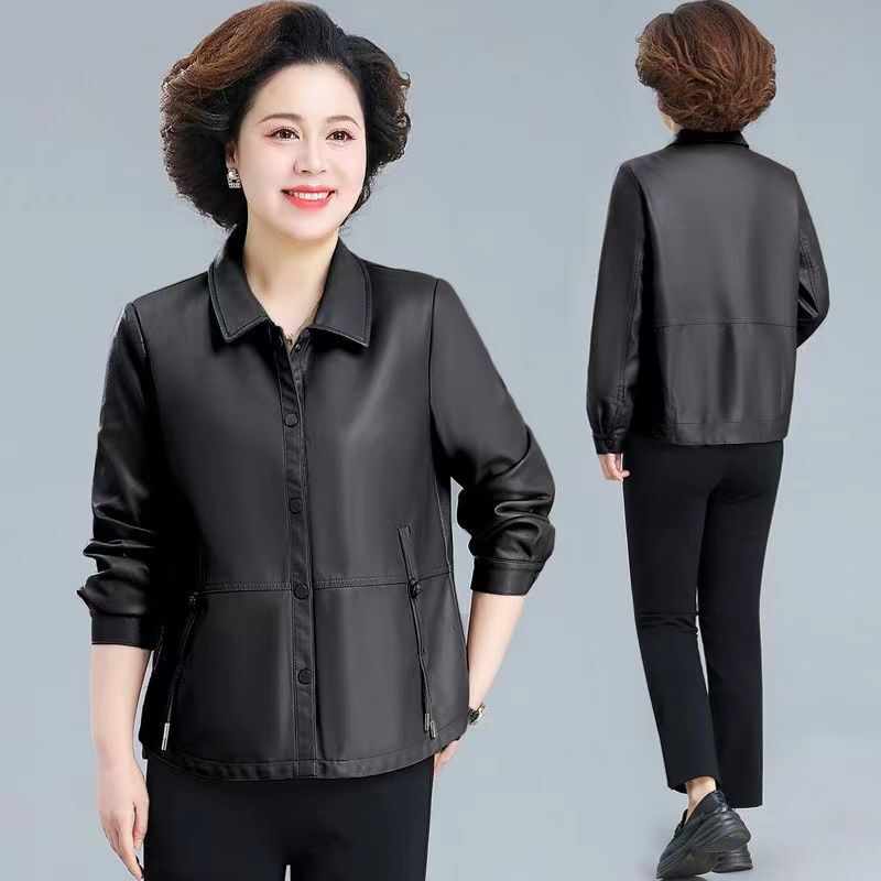 Middle-aged Mother Leather Coat Women's Short Spring and Autumn Thin Simple Loose Chinese Style Leather Jacket 2024 New Arrival