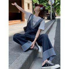 设计感拼接牛仔背带裤女夏2025新款薄款超好看韩系chic阔腿连体裤
