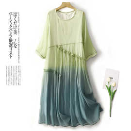 中国风吊染仙气渐变连衣裙女2024夏季新款宽松显瘦长袖圆领长裙子