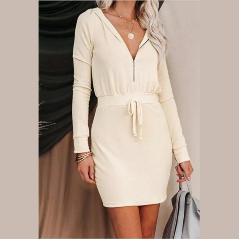 Women's Trendy Solid Color Dress Zip Front Long Sleeve Hoodie Style Waist‑Cinched Casual Daily Wear_ecoleips.com