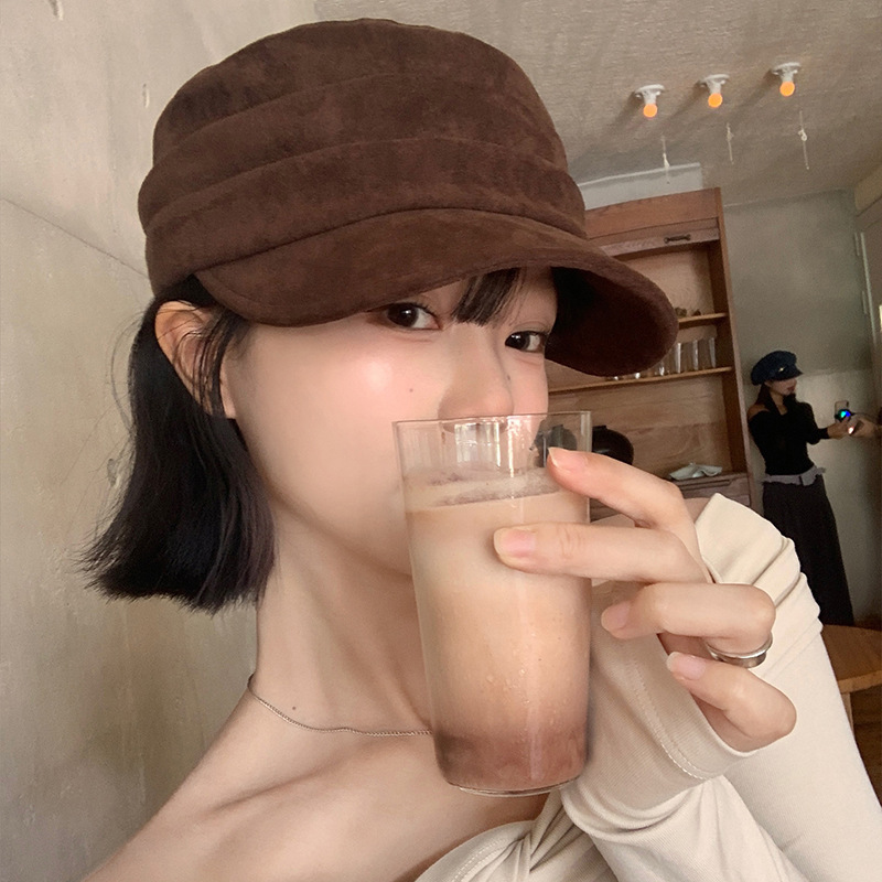 日式复古麂皮褶皱宽檐鸭舌帽女时尚文艺大头围显脸小平顶马术帽子|undefined
