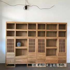老榆木博古架新中式书柜组合落地柜茶壶茶具博古架客厅书柜