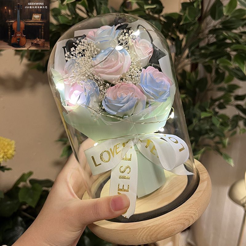 [점장 추천] 화려한 꽃 - 아이스 블루 + 핑크 장미 7송이 - 선물 가방 + 축하 카드 + 배터리 [완제품 배송]