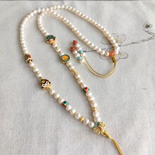天然母贝珍珠毛衣链黄金长命锁项链玉髓高端沙金佛牌佛头吊坠绳子
