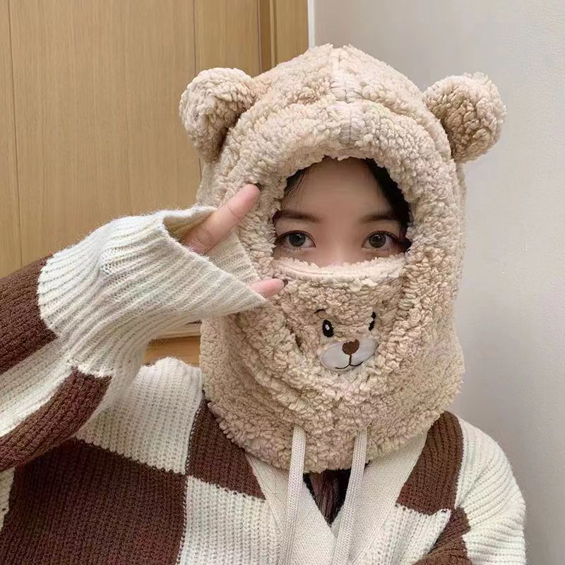 帽子 レディース 韓国風 秋冬 ラムズウール 暖かい ネックマスク プルオーバー帽子 ぬいぐるみ かわいい クマ スカーフ オールインワン帽子|undefined