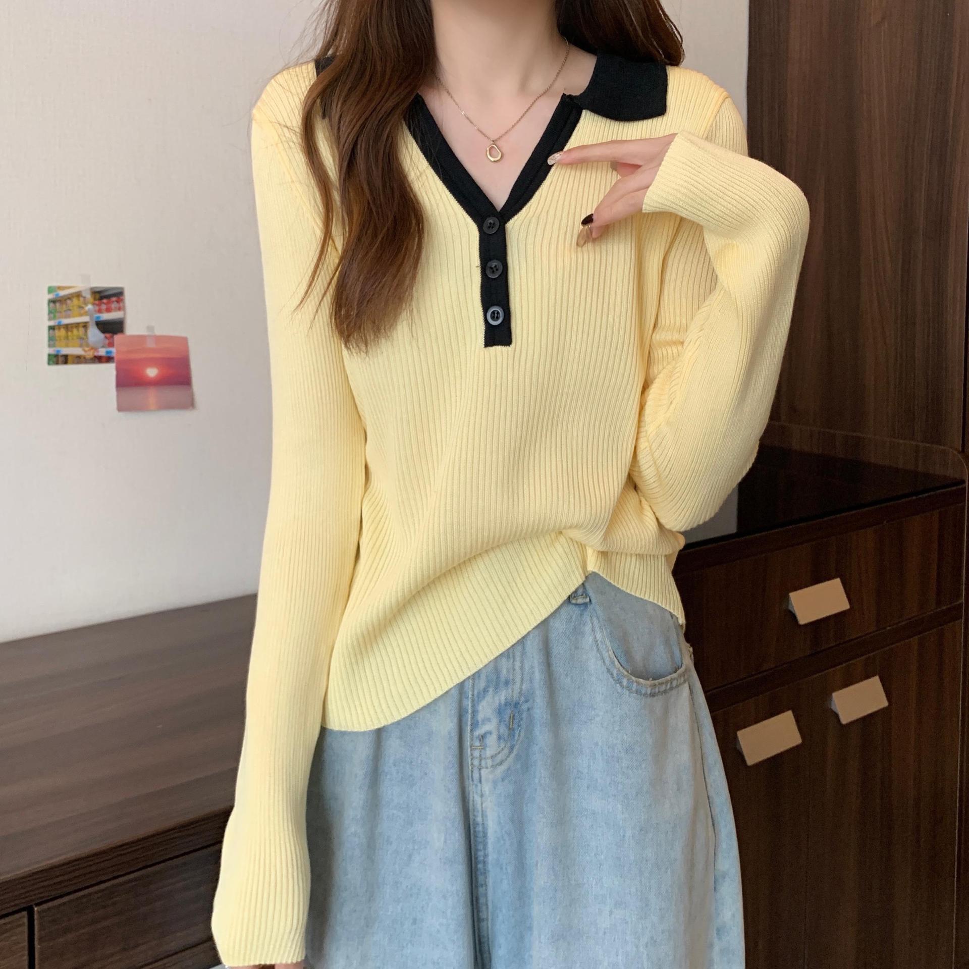 polo collar patchwork color contrast knit T-shirt women's early autumn design sense slim body with a slimming temperament commuter base shirt
