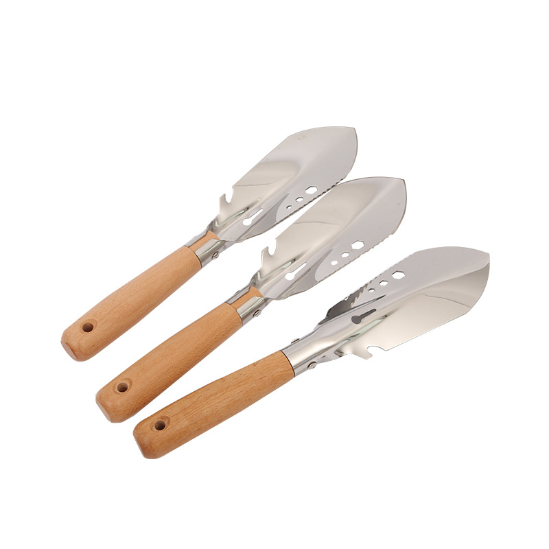 Acero inoxidable multipropósito pequeña pala de mano multifuncional acero inoxidable multipropósito mango de madera pequeña pala de mano multipropósito mango de madera pequeña pala de herramienta