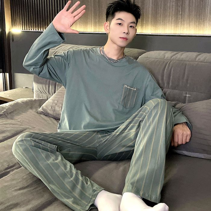 2025 pijama de otoño hombre 6535 algodón cuello redondo hoodie de mangas largas pantalones largos set simple ropa casera cómoda