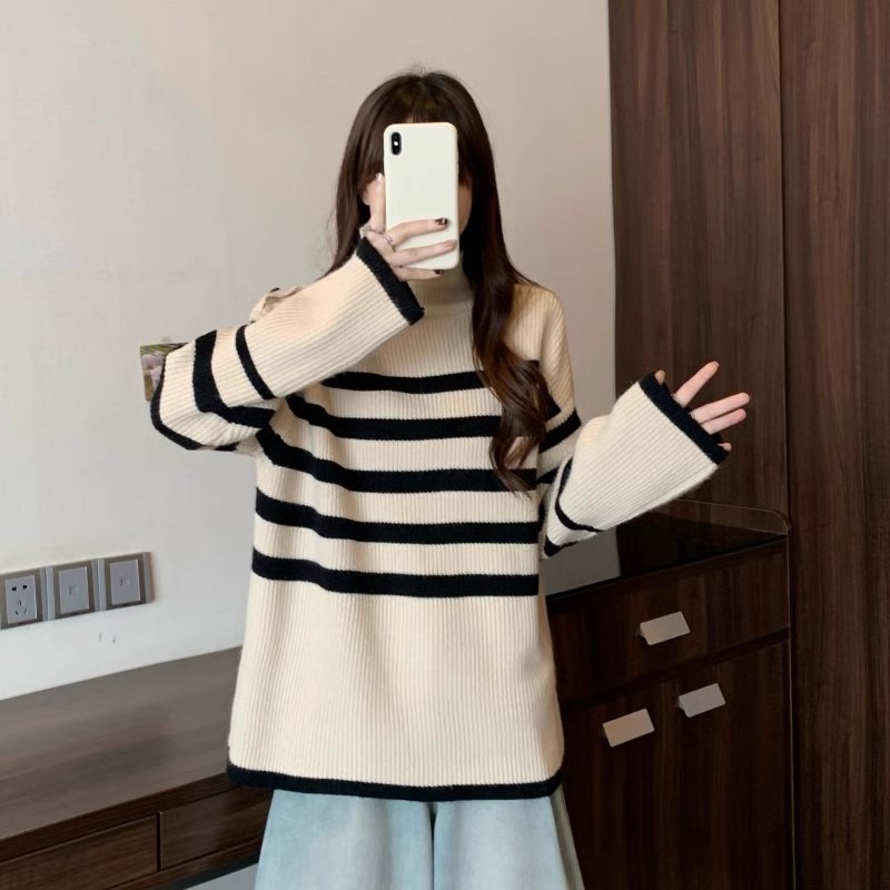 设计感不规则高领条纹长袖针织衫女2025年秋季新款宽松中长款上衣|undefined