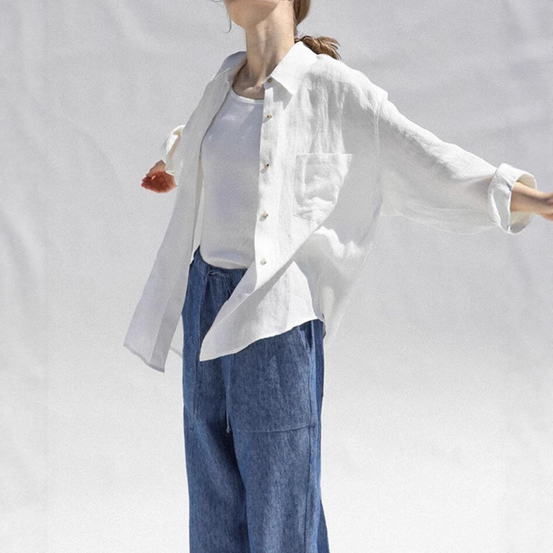 Linen Shirt Women's White Loose Cotton and Linen Sun Protection Versatile Silhouette 2025 Spring and Summer New Large Size Shirt Jacket