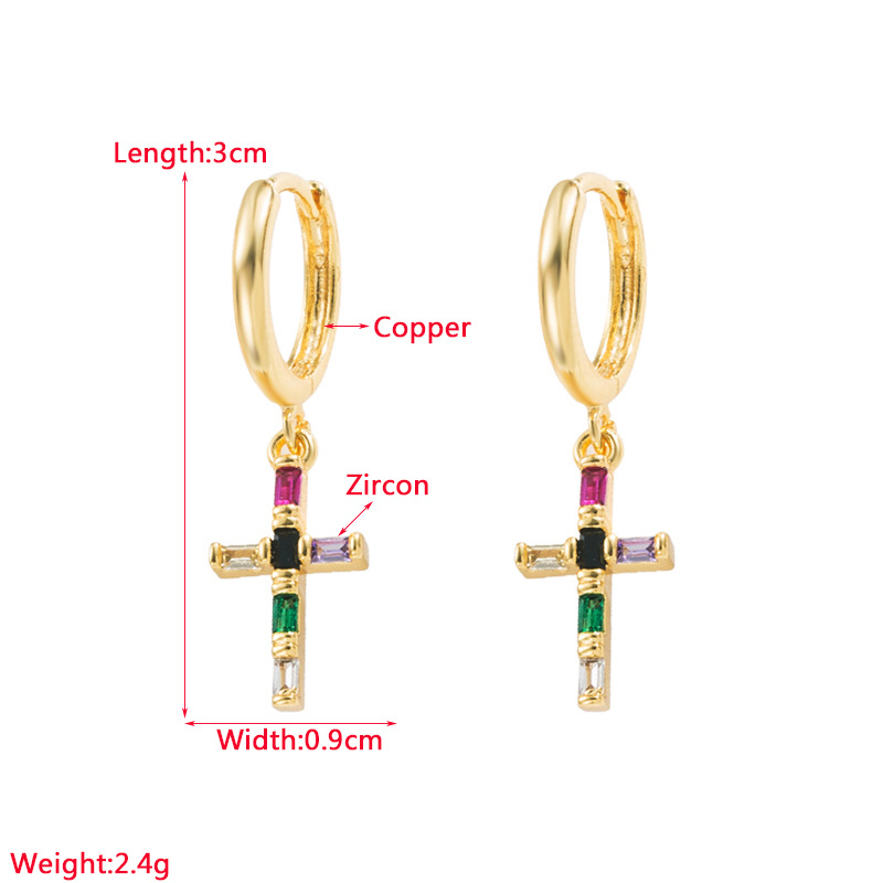 Retro C Shape Cross Inlay Copper Zircon Gold Plated Earrings display picture 1