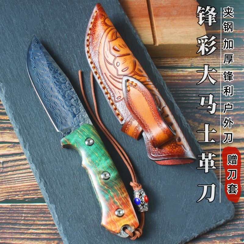 大马士革钢高硬度户外小直刀野外露营求生便携锋利随身露营水果刀