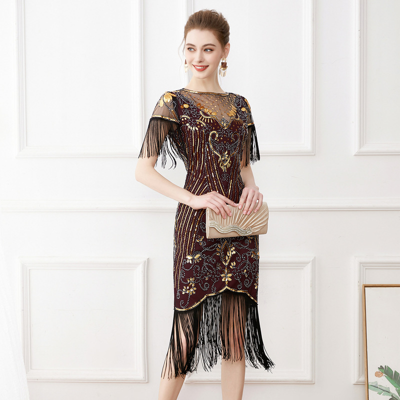 1920S Retro Prom Embroidered Tassel Dress Cocktail Party Large Size Sequin Beaded Mesh Dress 1920S Retro Prom Embroidered Tassel Dress Cocktail Party Large Size Sequin Beaded Mesh Dress