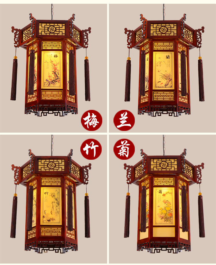 中式仿古实木宫灯羊皮宫廷吊灯复古建筑酒店寺庙长廊亭子六角灯笼-阿里巴巴