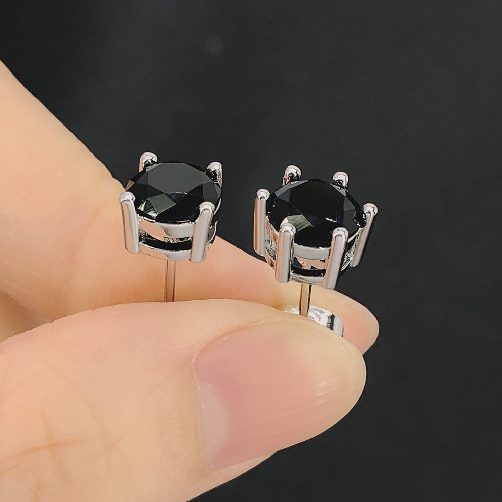Classic Round Zircon Stud Earrings For Men Black Stone Jewelry_voghion.com