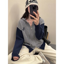 刺绣连帽双拉链插肩袖线衣帽衫女2025秋学院风休闲韩版针织衫