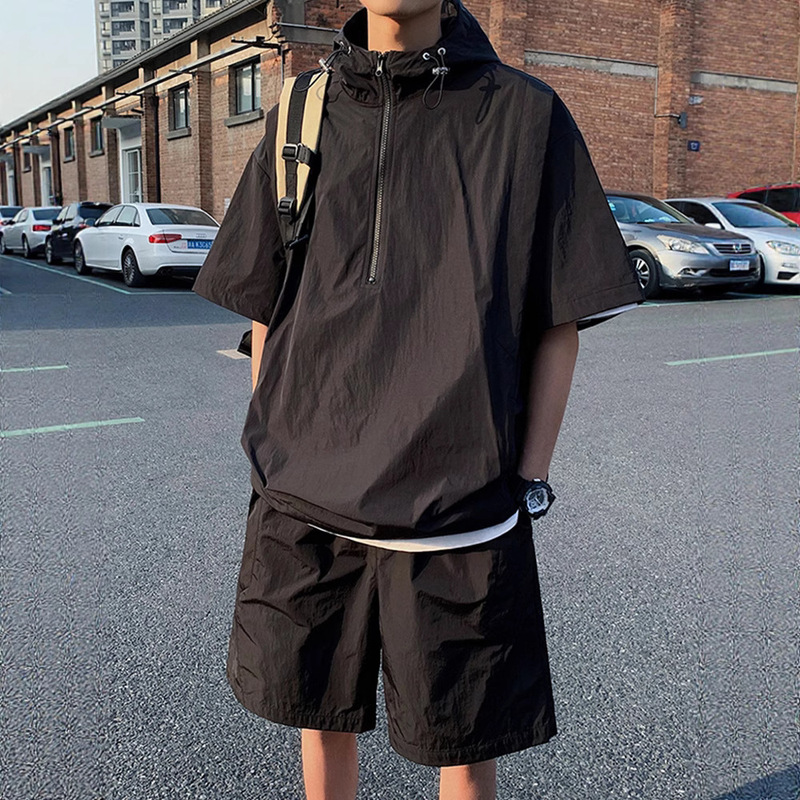 Summer New Workwear Trendy Brand Casual Sports Suit Men's Ice-Feel Half-Zip Hooded Versatile Quick-Drying Short-Sleeved Shorts