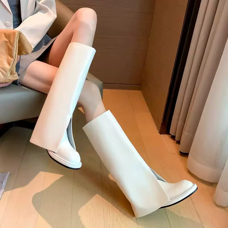 长筒靴加绒白色真皮高筒靴女内增高拉链靴子不过膝裤管骑士靴长靴