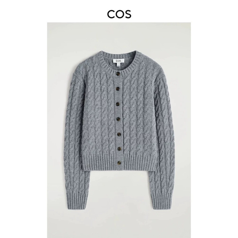 26 Trendy Brand COS Same Style HR Classic Cable Knit Wool Top Round Neck Buttoned Casual Short Knit Cardigan