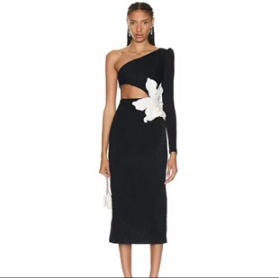 European and American cross-border foreign trade women's long-sleeved one-shoulder slant shoulder slim stretch tight Pearl big flower party evening dress