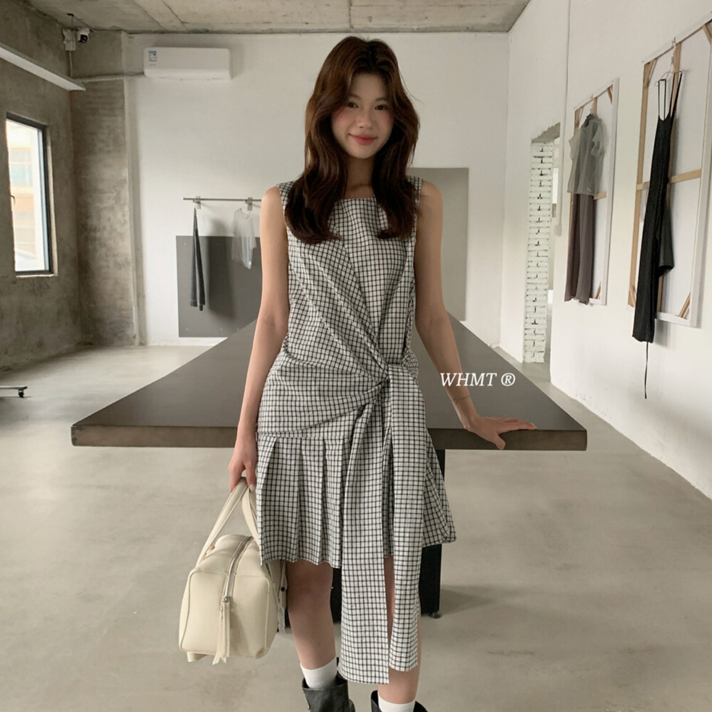 Thirteen Lines Rs.Whmt Summer French-Style Design with Tie Straps, Plaid Irregular Sleeveless Vest Pleated Dress for Women