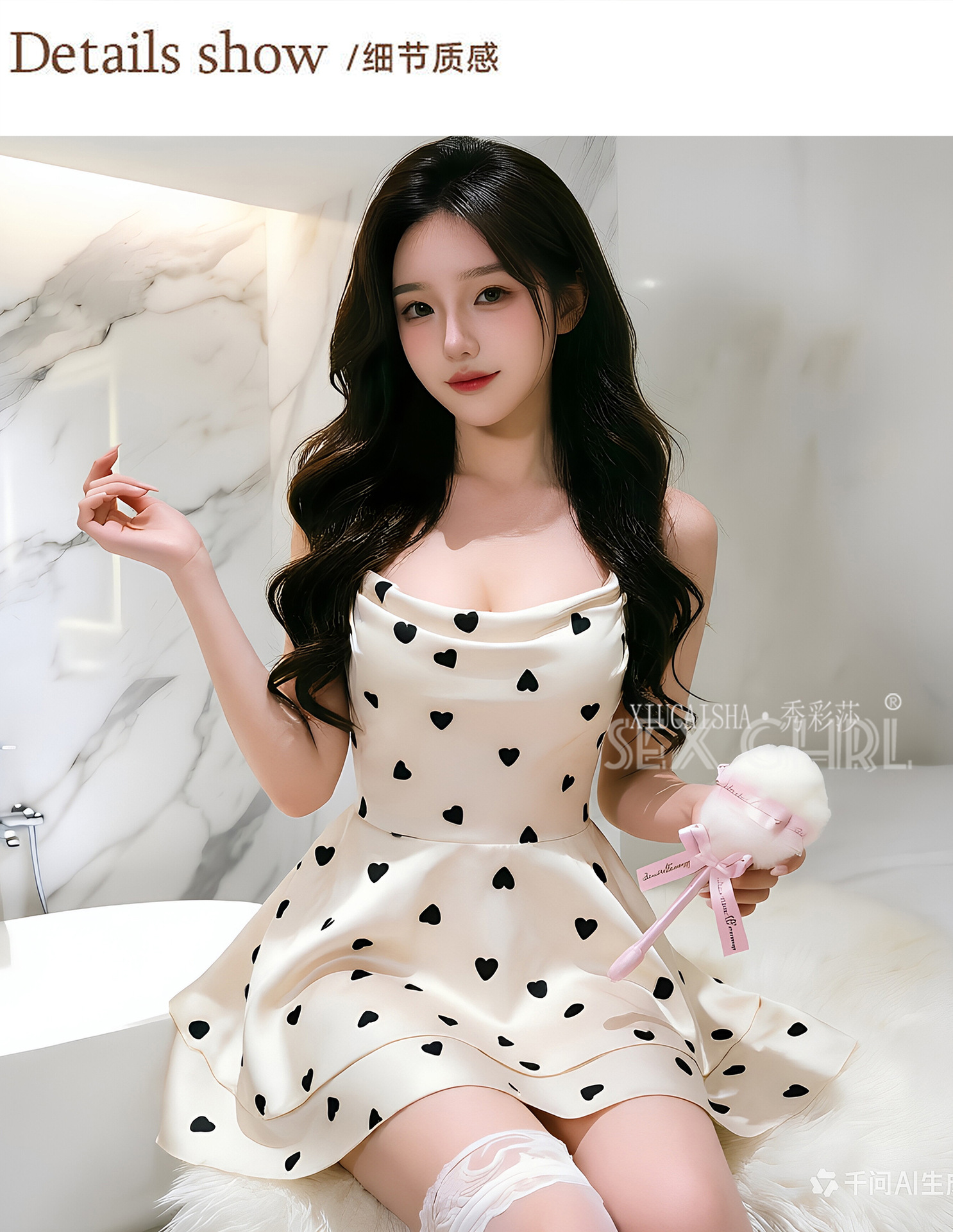 Heart Print Camisole Nightgown for Women, Thin Pure Desire Style with Chest Pads, White XXL — detail image 5