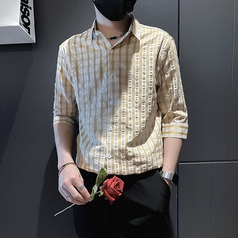 Summer Three-quarter Sleeve Shirt Men's Short-sleeved Plaid Shirt Trendy Brand Casual Men's Top 2024 New Men's Inch Shirt Summer Three-quarter Sleeve Shirt Men's Short-sleeved Plaid Shirt Trendy Brand Casual Men's Top 2024 New Men's Inch Shirt