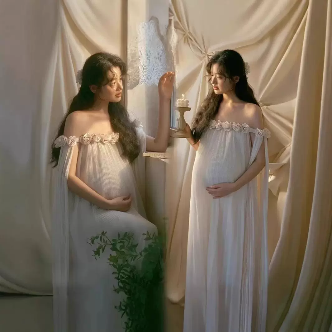 摄影孕妇写真衣服立体花朵抹胸连衣裙女一字肩显瘦长裙度假仙女裙