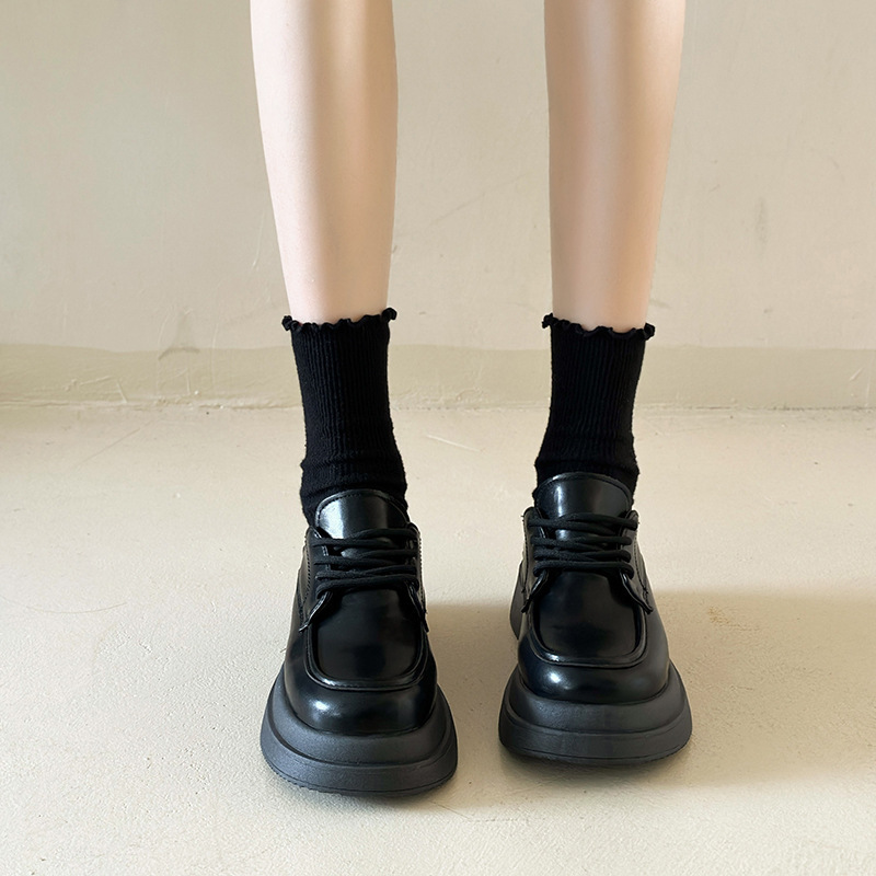 厚底ローファー女性の 2025 春と秋の新多用途カレッジ黒靴レースアップ英国スタイル JK 小さな革靴|undefined