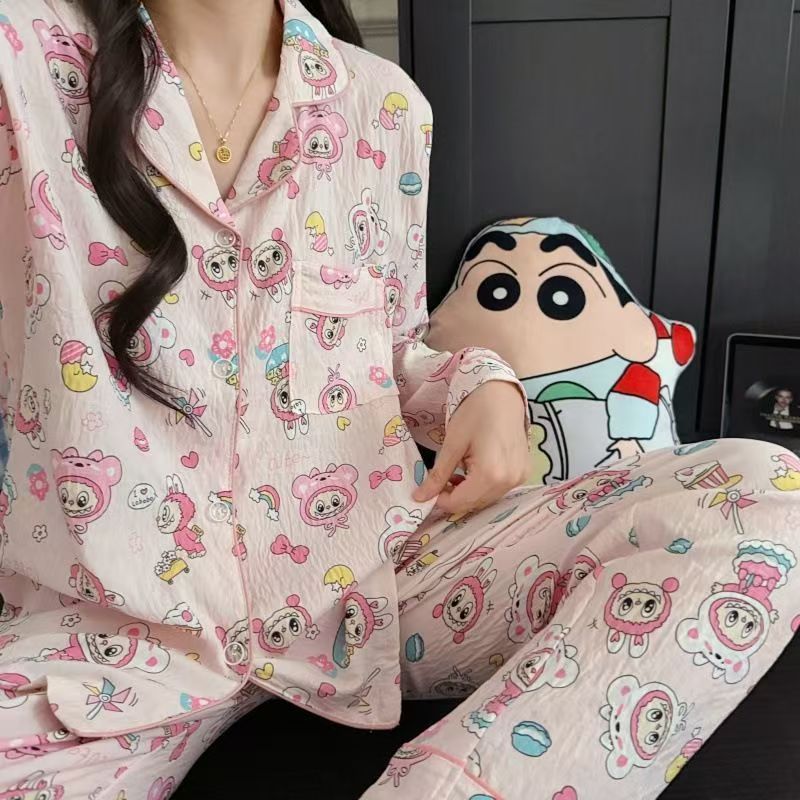 满印粉色拉布布睡衣女春秋季长袖长裤ins套装美少女可外出家居服|undefined