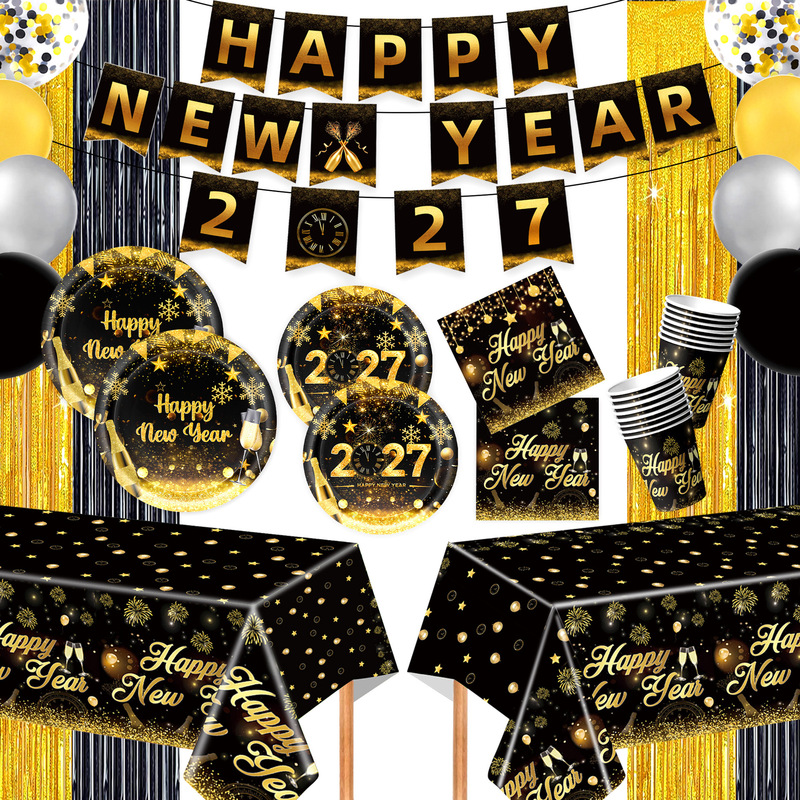 2027 Black Gold Happy New Year Party Happynewyear Flag Paper Plate Paper Cup Tablecloth Disposable Tableware 2027 Black Gold Happy New Year Party Happynewyear Flag Paper Plate Paper Cup Tablecloth Disposable Tableware