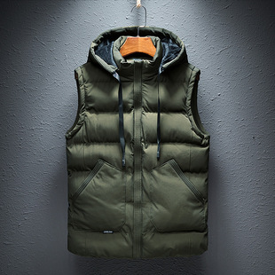 Cross-Border Youth down Cotton Vest Simple Solid Color Youth Hooded Trendy Cardigan Men's Vest Trendy Jacket