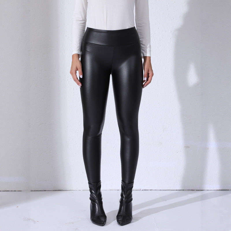 Cross-Border European and American New Popular Pu Tight-Fitting Outdoor Casual Autumn and Winter Trousers with Fleece, Slim Fit, High Waist, High Elasticity Leather Pants for Women