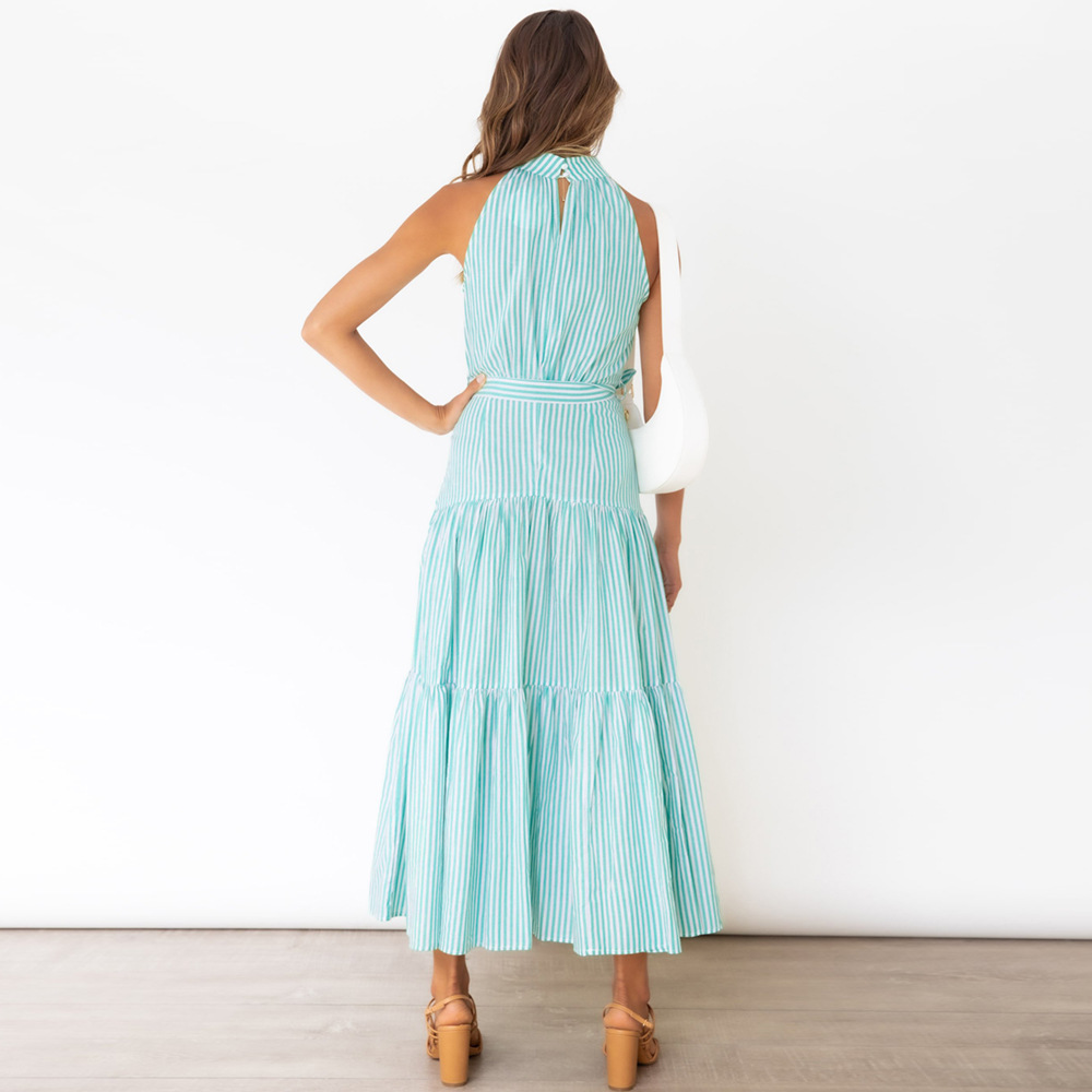 Summer New Striped Halterneck Dress Slim Temperament Long Skirt For Women