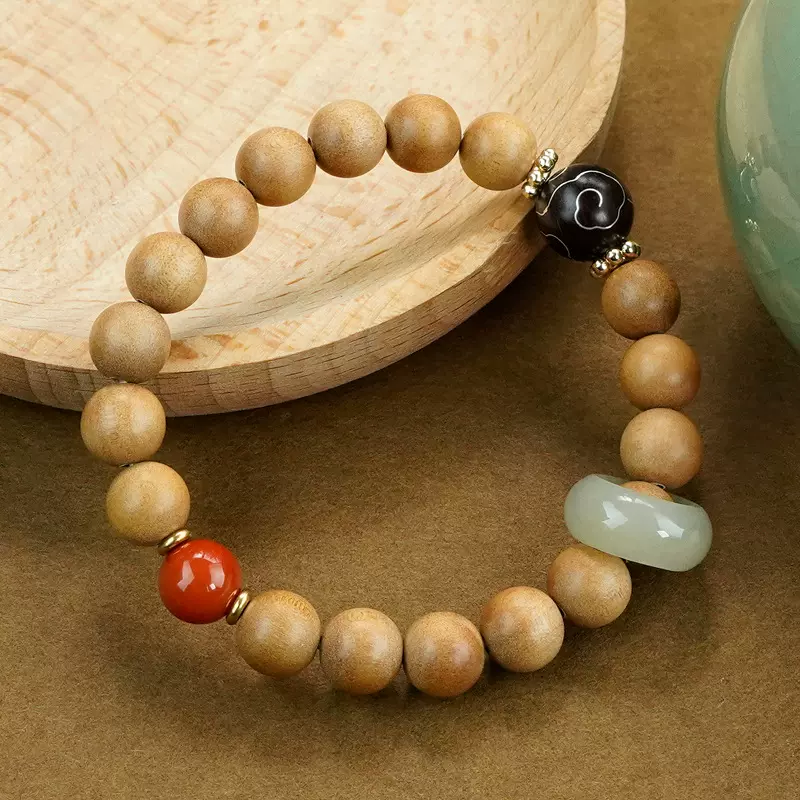 老山檀香木镶银手链和田玉跑环小叶紫檀镶嵌国风祥云手链饰品定制