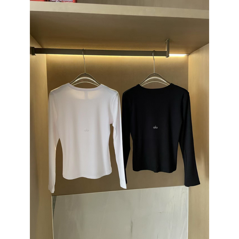 Knitted Reflective New Letter Print Base Shirt, Yoga Long-Sleeve Essential, Spring and Autumn Slim Fit, Stretchy, White and Black Knitted Reflective New Letter Print Base Shirt, Yoga Long-Sleeve Essential, Spring and Autumn Slim Fit, Stretchy, White and Black
