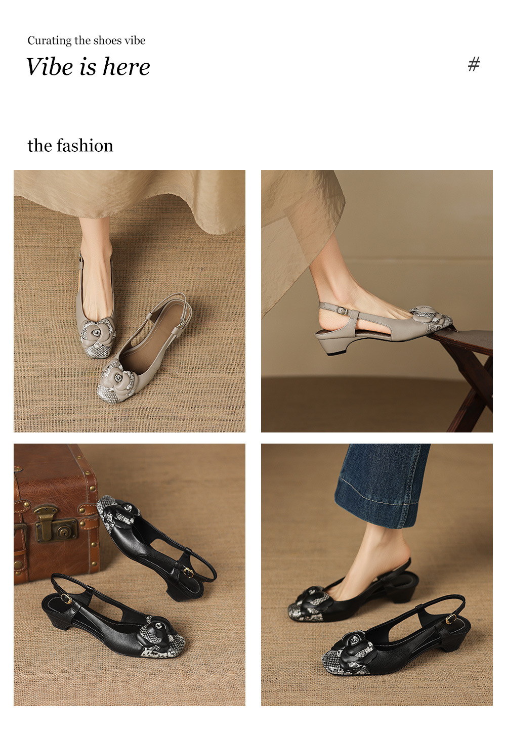 Sandal nữ da dê gót thấp 3,5 cm mũi kín hở gót quai ngang hoa ghép màu — đen chi tiết 1