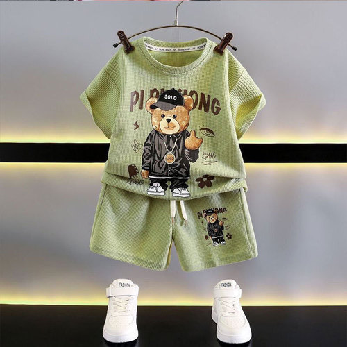 Boys' Summer Suit Set 2024 New Arrival Baby Cool Brat Style Honeycomb Fabric Clothes Trendy Children's Summer Short Sleeve Cartoon Fashion