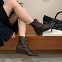 2025秋冬新款欧美编织宽松套筒内增高筒靴时尚尖头短靴女
