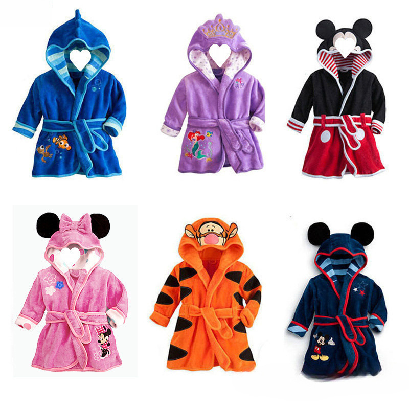 Children's Autumn and Winter Boys and Girls Velvet Thickeneded Cartoon Baby Nightgown Bathrobe Pajamas Coral Home with Tag