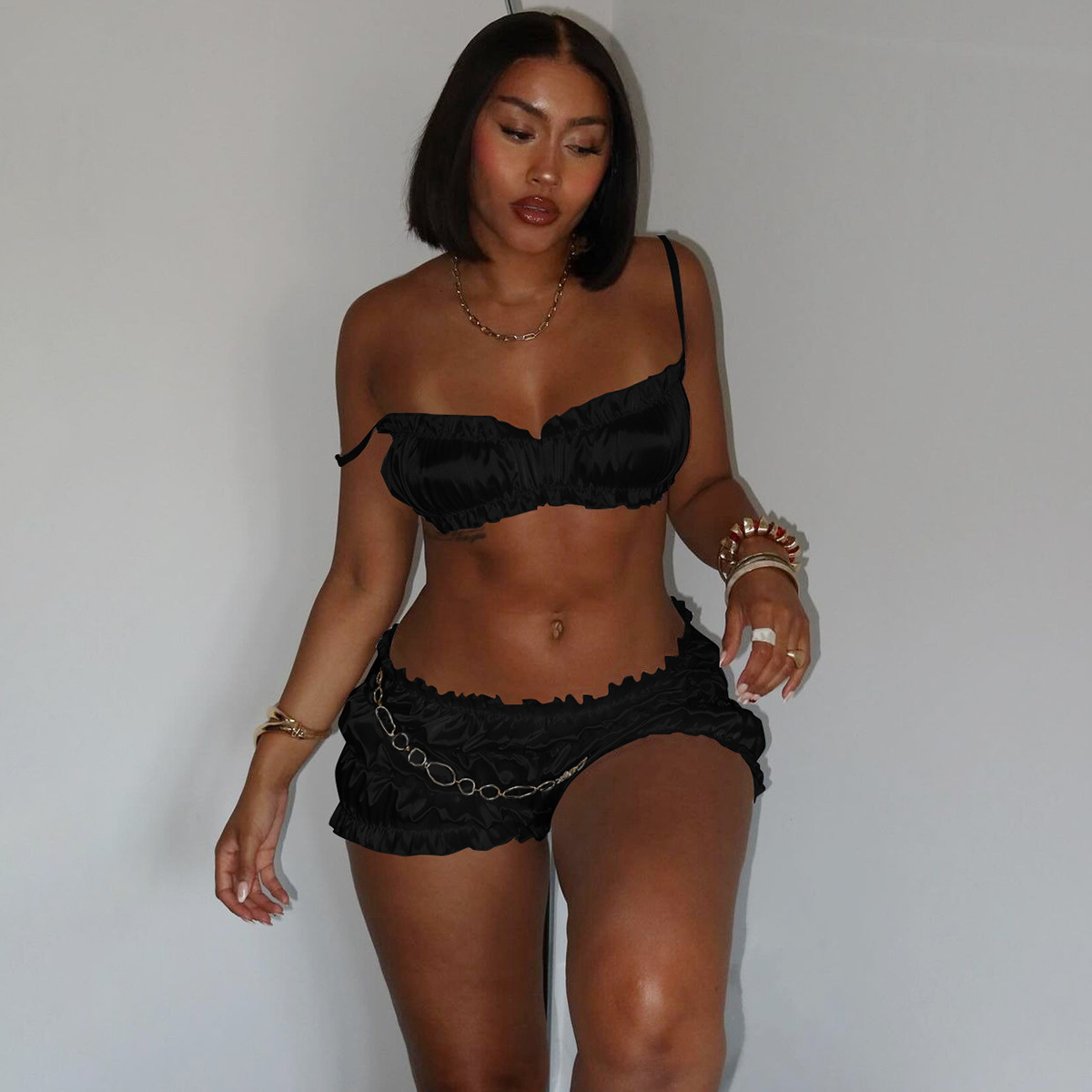 Women's Slinky Ribbed Halter Top And High-Waisted Shorts Set Sexy Summer Two Piece Outfit Trendy Versatile Design_ecoleips.com