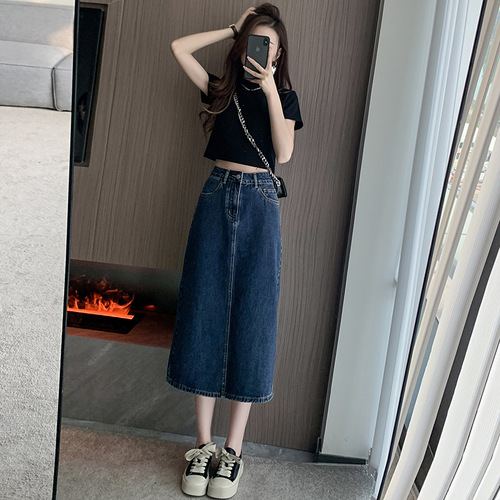 High waist slit denim skirt for women new spring and autumn mid-length crotch-covering A-line hip-covering skirt for small people