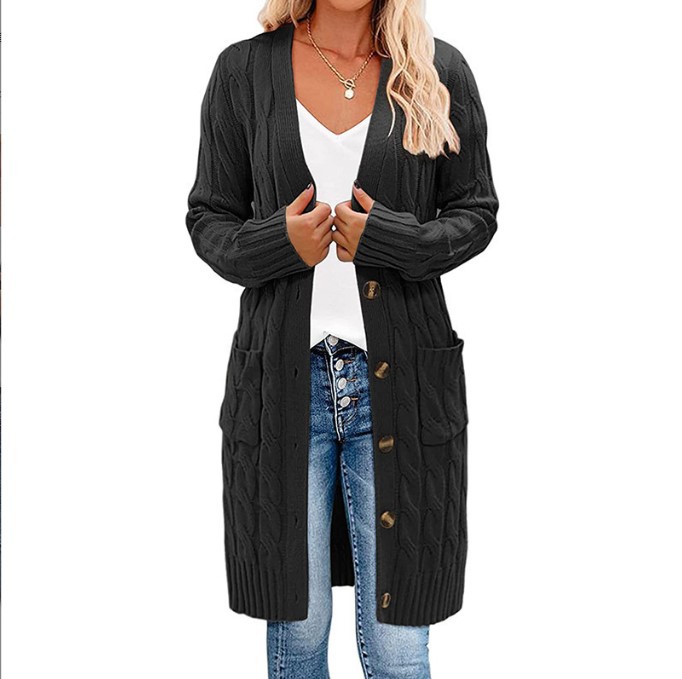 Comercio exterior transfronterizo Amazon Otoño e Invierno 2024 nuevo suéter de giro largo de las mujeres de color sólido botón bolsillo cardigan abrigo