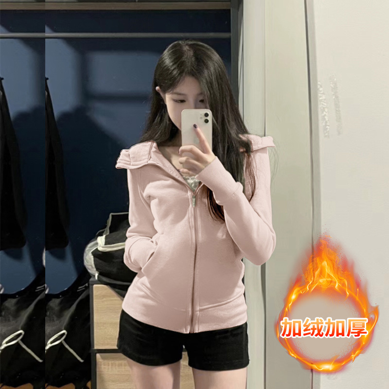 Pink [slim fit] plus velvet / S down jacket inner layer/short/zipper/yoga wear
