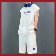 時尚網紅休閑運動套裝男夏季青少年大碼背心T恤無袖籃球服兩件套